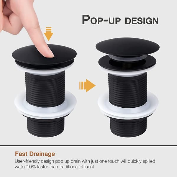 Mordely Sink Drain Without Overflow, Universal Black Pop Up Sink Drain, Automatic Pop Up Drain For Counter Top Basin Cisea