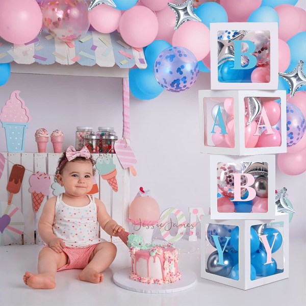 Mordely 120 st Baby Gender Reveal Baby Shower Dekorationer med ballonggirland Arch Kit Blå Rosa Vita Baby Letters DIY Baby Box för 1:a