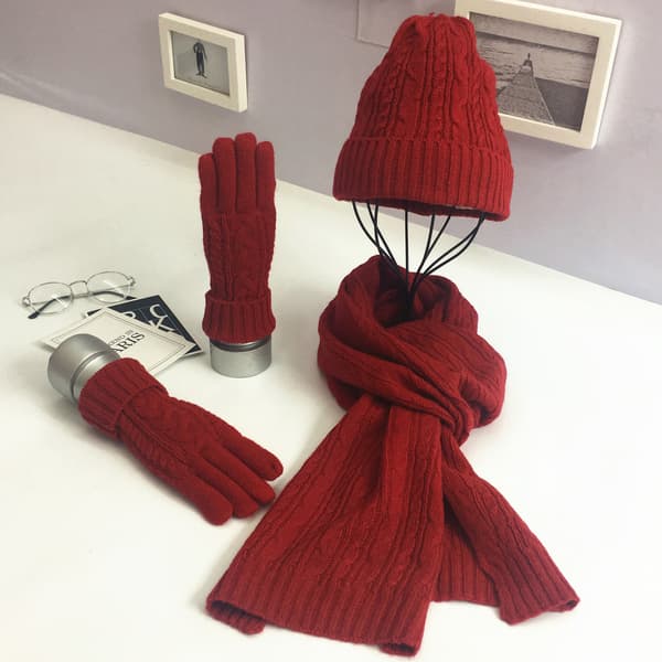 Dam Mössa Scarf Handske Set Tjock Mjuk Varm Stickad