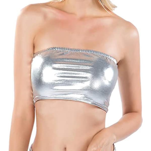 Women's Shiny Strapless Crop Stage Costumes Silver M