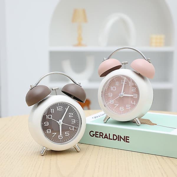 [non-ticking 4" Twin Bell Alarm Clock - Metal Frame 3d Dial With Backlight Function - Desk Table Clock For Home & Office - Pink