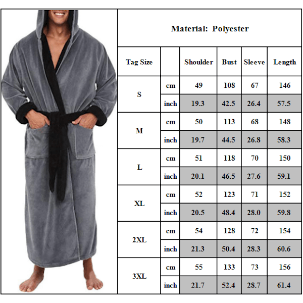 Mordely Herr Dam lång badrock Morgonrock Huvmorgonrock Grey XL