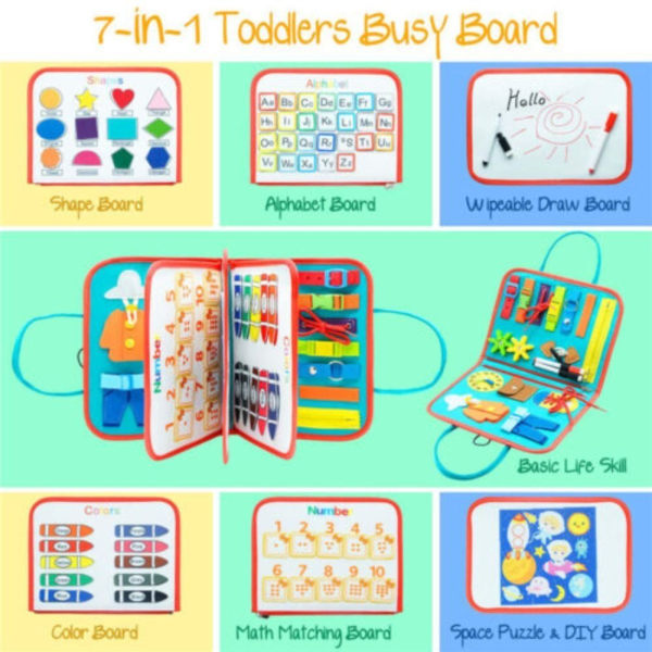 Mordely 7 i 1 Montessori Toddler Busy Board Grundläggande färdigheter Lärleksaker