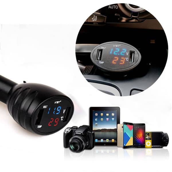 Dubbel USB port billaddare spänningsmätare Black