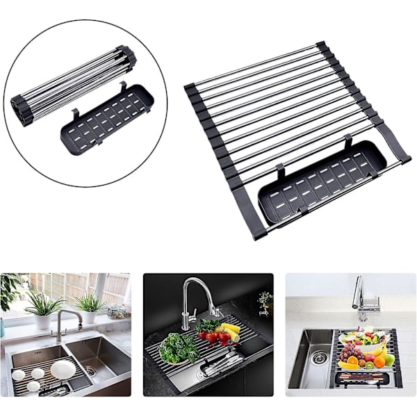 Mordely Dish Rack Extendable Drying Rack, Roll Up Dish Drying Rack With Cutlery Holder, Multifunction Kitchen Sink Draining Drying Rack