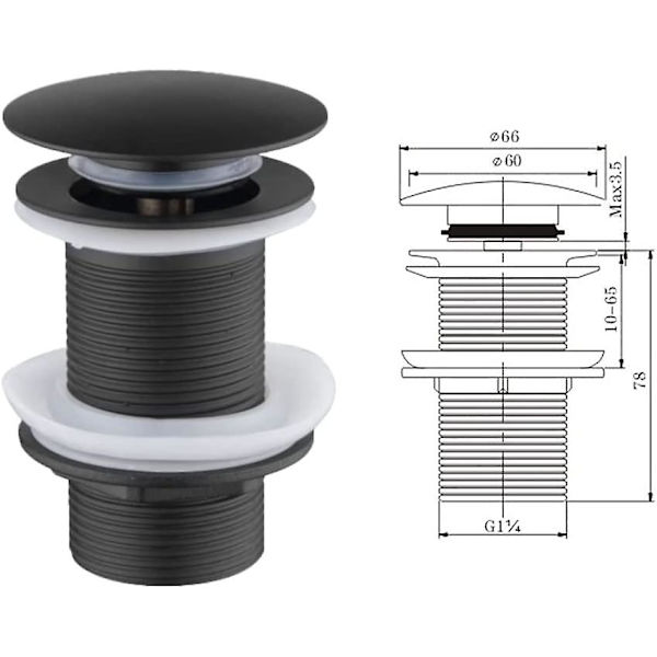 Universal Drain Plug Without Overflow - For Bathtub, Shower, Sink, Washbasin - Black