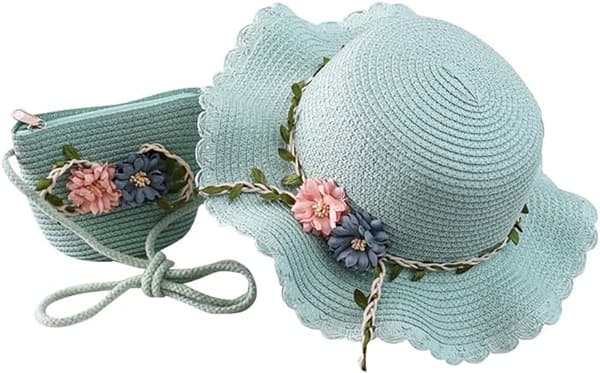 Mordely 2-8 år gamla flickor Halmhatt Turisthatt Solhatt+Småväska Set Mint Green