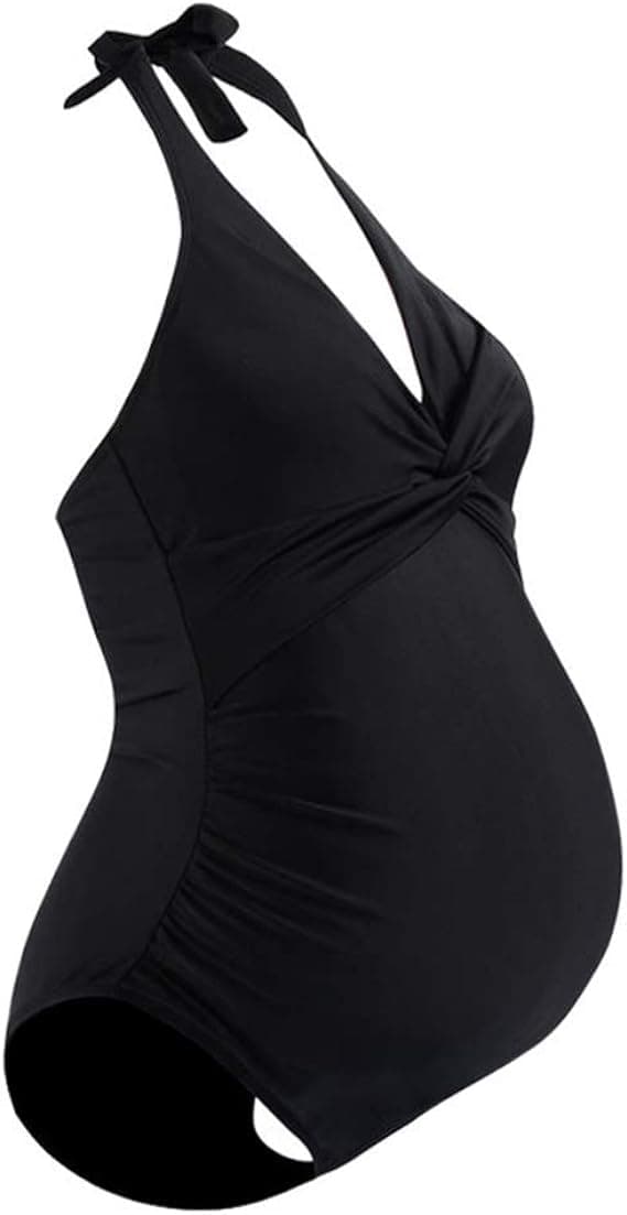 Maternity Swimsuit One Piece Swimsuit Halter Pregnancy Solid Swimsuit with Adjustable Drawstring Black XL