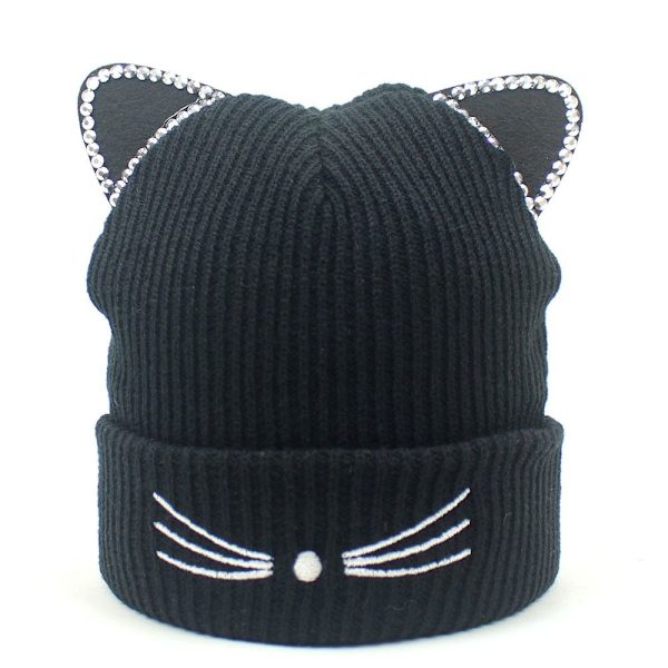 Mordely Stickad Katt Skullies Mössa Varm Kvinna Cap BLÅ blue