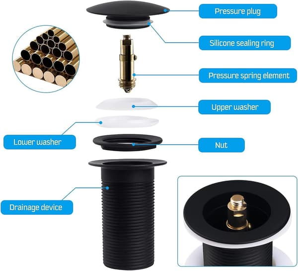 2023 Sink Drain Without Overflow, Universal Black Pop Up Sink Drain, Automatic Pop Up Drain For Counter Top Basin Cisea