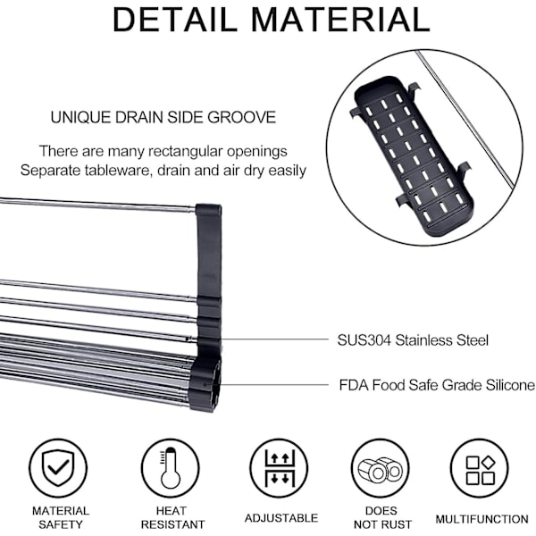 Mordely Dish Rack Extendable Drying Rack, Roll Up Dish Drying Rack With Cutlery Holder, Multifunction Kitchen Sink Draining Drying Rack