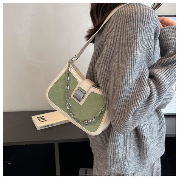 Mordely Fashion Women Checked Small And Luxurious Women's Handbag Single-shoulder Messenger Bag Pu Chain Underarm Bag Casual Green)