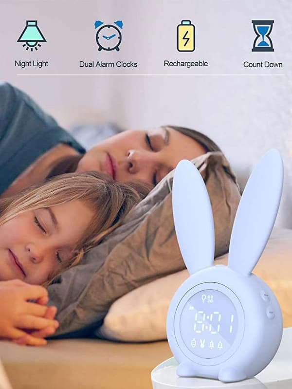 Rabbit Children's Alarm Clock - With Dimmable Wakeup Clock, Rechargeable - Suitable For Children's Bedroom -blue