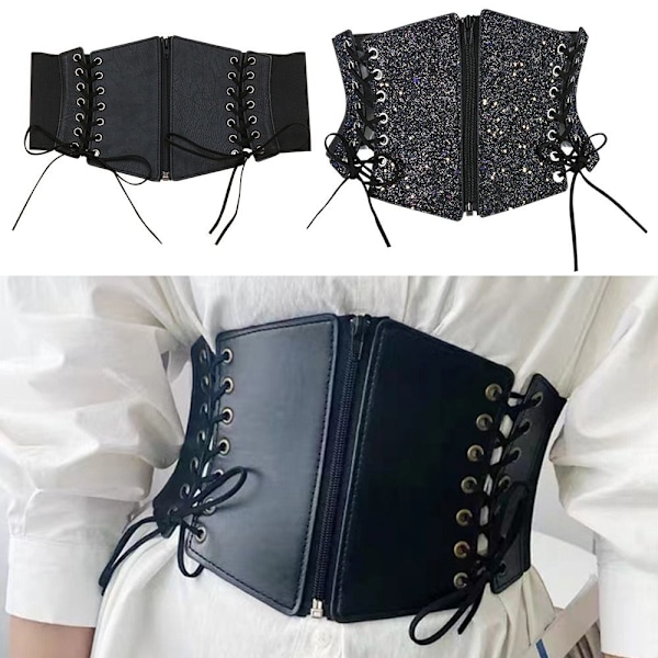 Mordely Dam midjekorsettbälte Bred läder elastisk midjebälte Black&Glitter