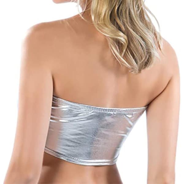 Women's Shiny Strapless Crop Stage Costumes Silver M