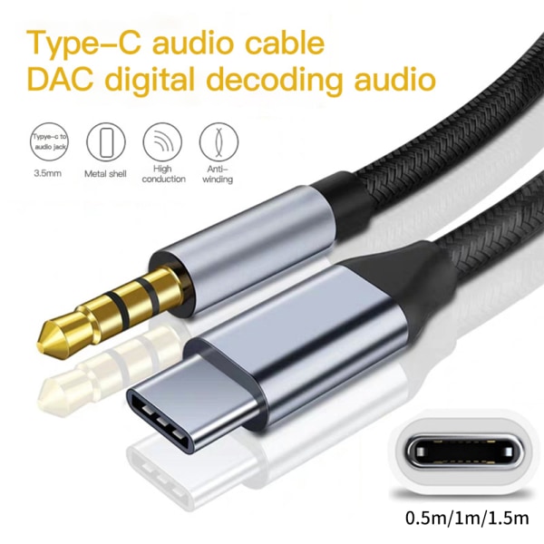 Mordely Ljudkabel USB Typ-C till 3,5 mm hörlursuttag Bil AUX-omvandlare 1 meter