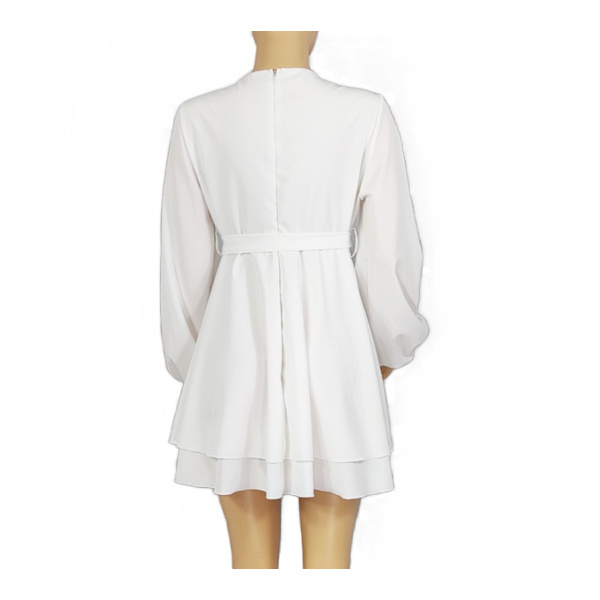 Damklänning Djup V-ringad långärmad midja tie volang White XL