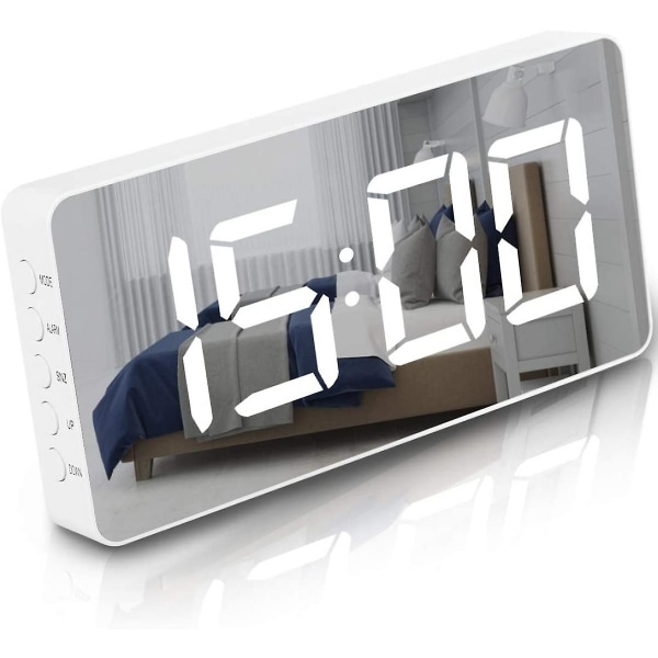 Mordely Digital Alarm Clock Large Mirrored Led Clock Snooze Function Dimming Mode Beside Clock For Bedroom Decor -white