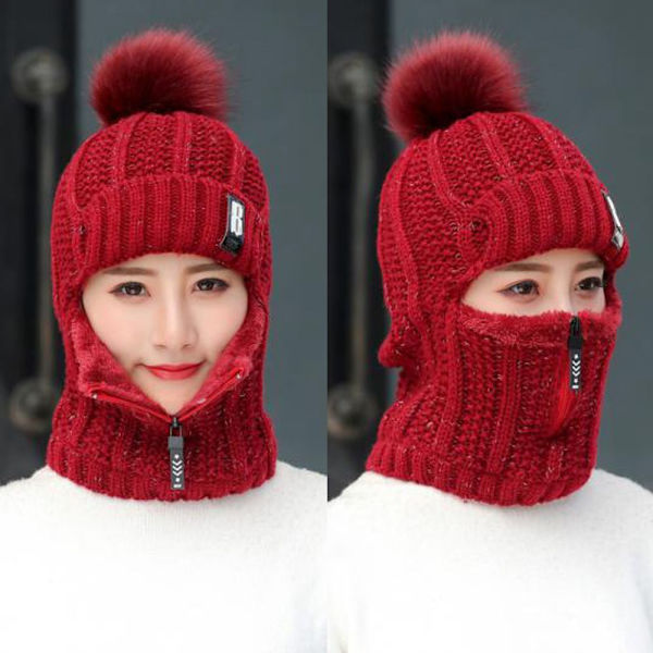 Mordely Dam Ull Stickad Hat Ski Hat Vindtät Siamescarf beige