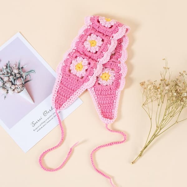 Virkad Blomma Pannband Scarf Stickade Hårband ROSA Pink