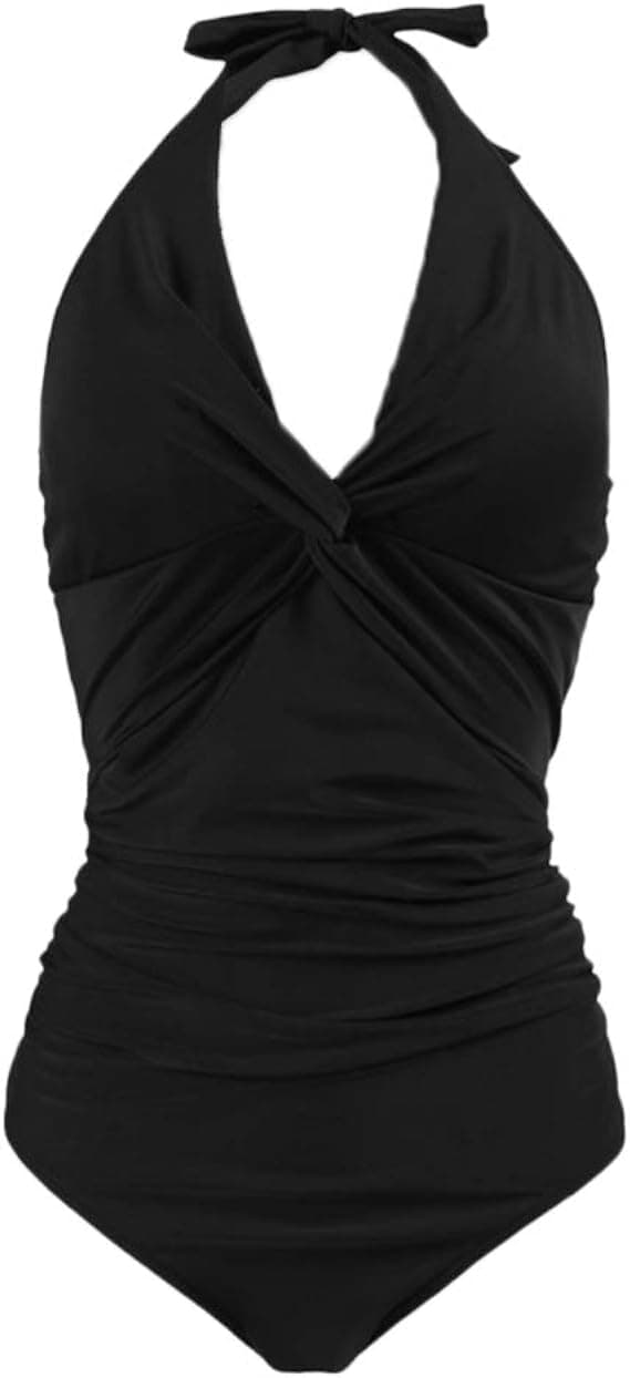 Maternity Swimsuit One Piece Swimsuit Halter Pregnancy Solid Swimsuit with Adjustable Drawstring Black XL