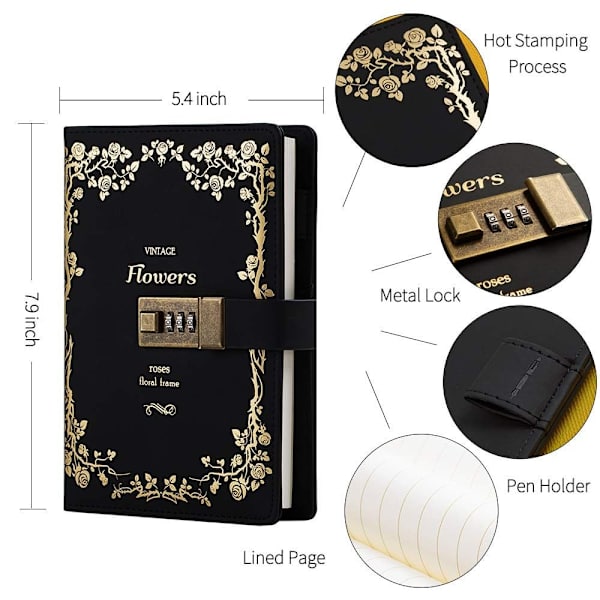 Mordely Journal med lås varmfoliestämpling präglad design
