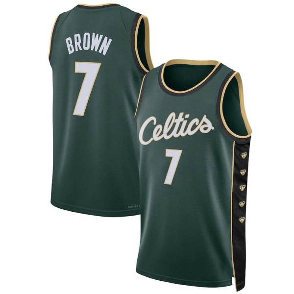 Mordely Boston Celtics #7 för herrar Jaylen Brown 2023 Green City Edition sydd tröja för vuxna S