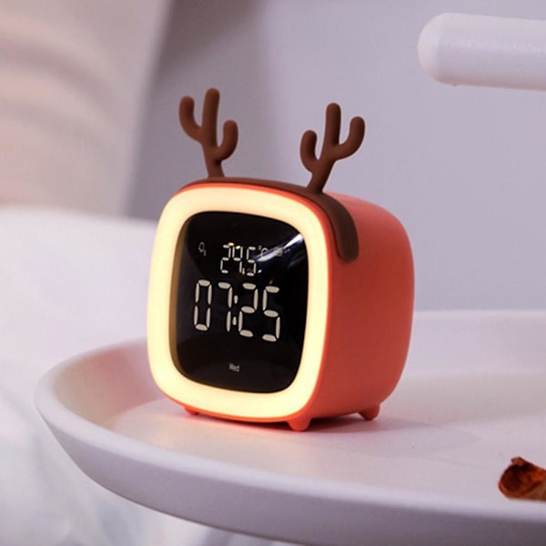 Digital Alarm Clock, Portable Cartoon Antler Shaped Alarm Clock, Rechargeable Digital Display Screen, Night Light Alarm Clock-pink