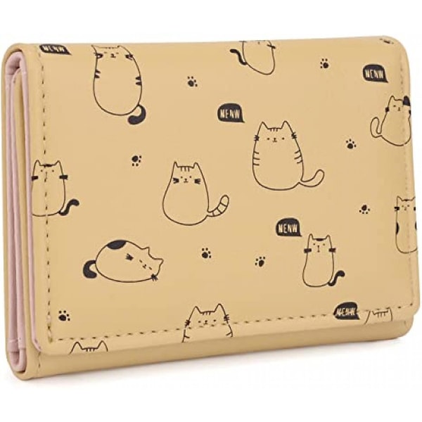 Kawaii Wallet For Girls Cute Cat Vegan Leather Card Holder Organizer Small Trifold Women Purse, Menw Cat A916-782 Yellow