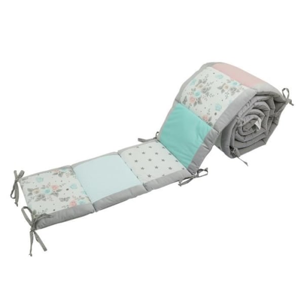 Patchwork Baby Bed Bumper 180 x 30 cm - med sammet - andningsbar babysäng i bomull - Grå - fjärilsmönster