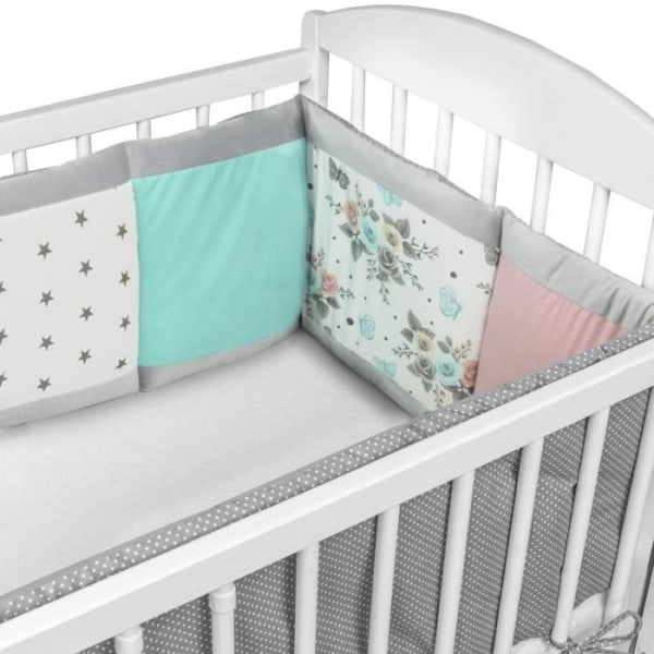 Patchwork Baby Bed Bumper 180 x 30 cm - med sammet - andningsbar babysäng i bomull - Grå - fjärilsmönster