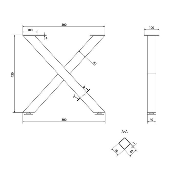 Svarta metallbordsben 43x30 cm - X-form bordsstomme bordslöpare med tjockleksprofil 4x4 cm