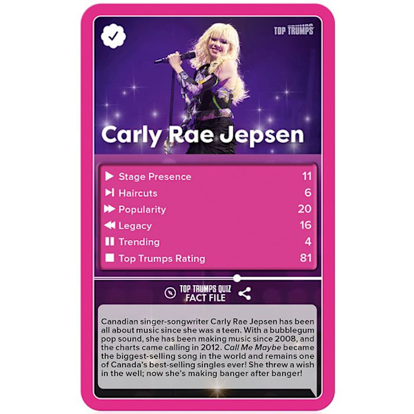 Voittavat liikkeet Popstarit - Top Trumps -peli