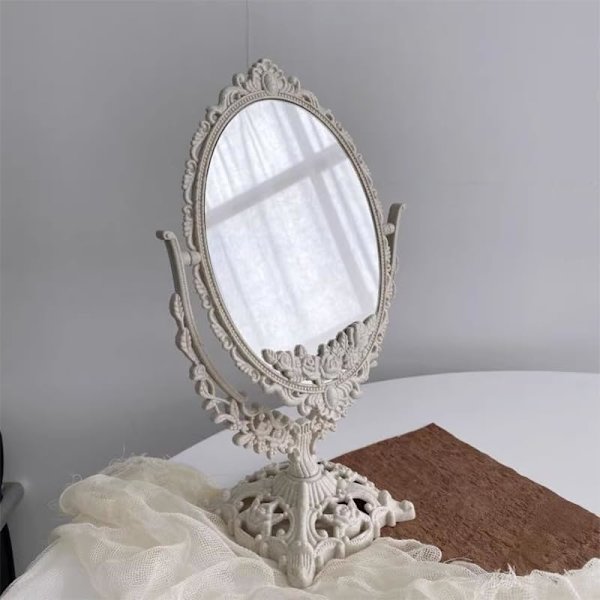 Skrivebordspejl med stativ Retro udskæring Bordplade Makeup spejl Forfængelighed spejl Kosmetisk spejl Dekorativt spejl til soveværelse Badeværelse