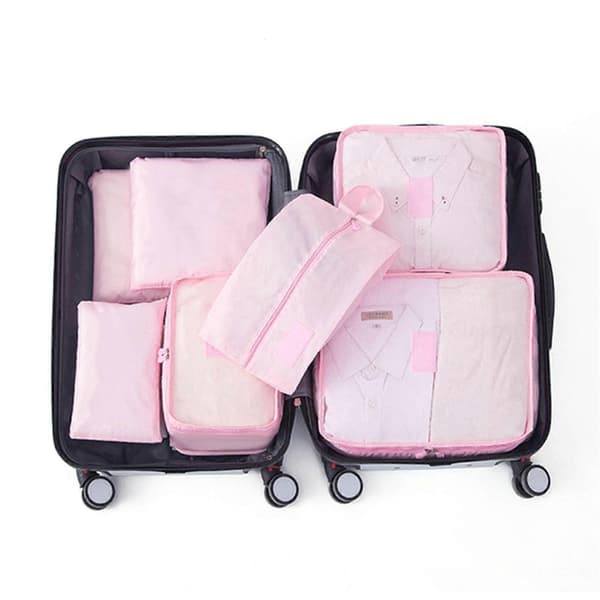 7 STK Reiseoppbevaringspose Multifunksjonell Koffert Klær Pakkepose for Utendørs Light Pink