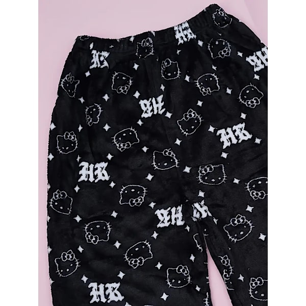 Cartoon KT katt pyjamas tjocka damer höst och vinter plus sammet varm fritids hem graffiti flanell byxor black M