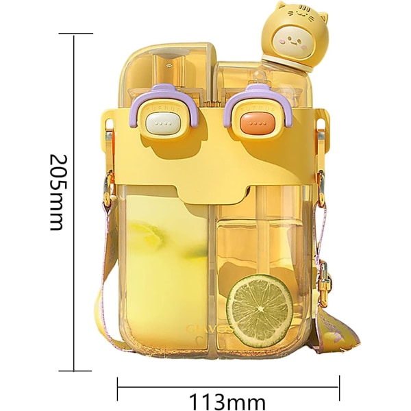 Söt vattenflaska med sugrör - Kawaii barnvattenflaska med rem Bärbar plastflaska Estetisk vattenflaska för utomhusbruk (gul)