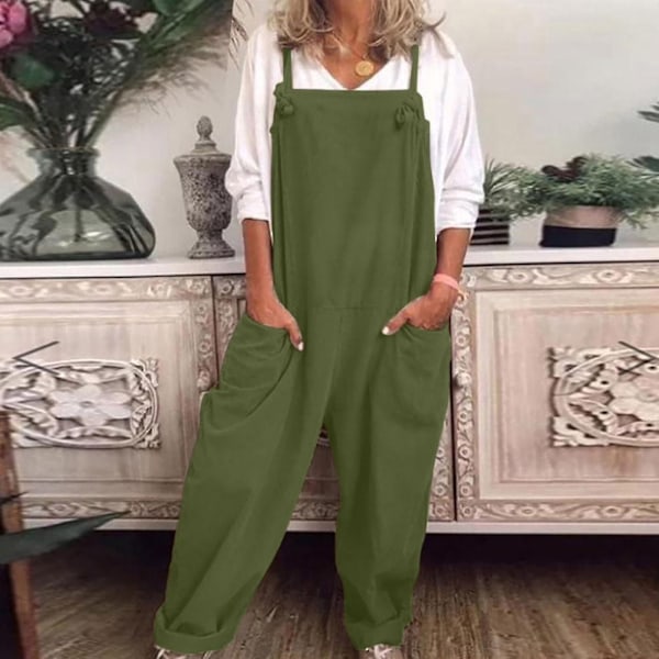 Dame Overall Afslappet Løs Dungarees Romper Baggy Playsuit Bomuld Og Linned Jumpsuit Green M