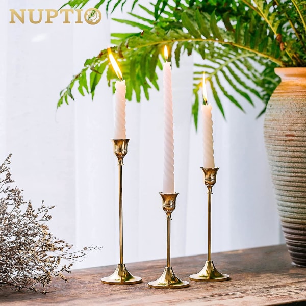 Ljusstakar avsmalnande ljushållare, set med 3 ljusstakar set, mässing guld ljusstake set, vintage modern dekorativ mittpunkt