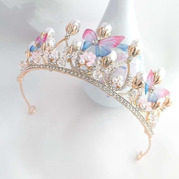 Prinsesse tiaraer til piger, Crystal Tiara Pearl Princess Crown pandebånd (sommerfuglekrone)(c-g-3)