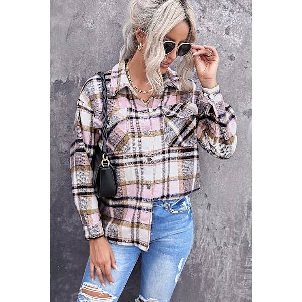 Ternet skjortejakke til kvinder - Langærmet flannelskjorte med knapper C-pink M