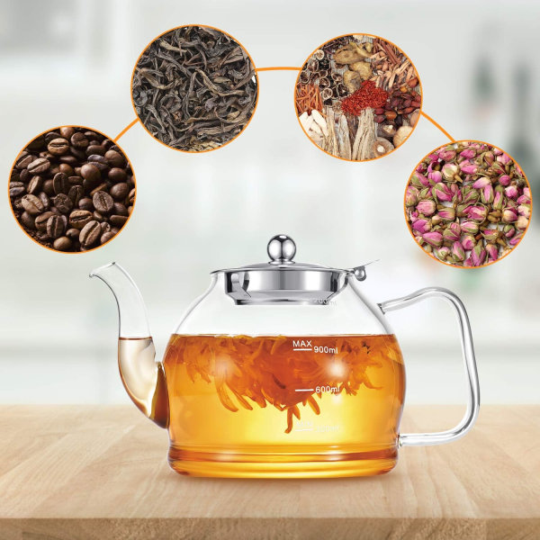 Teekannu, teekannu ja infusori, 1200 ml lasinen teekannu, teekannut irtoteetä varten, boorisilikaattilasinen teekannu, liesitaso
