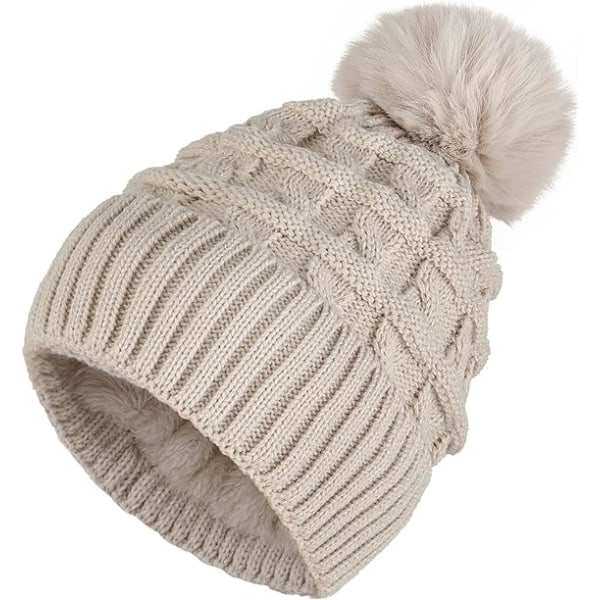 Bobble-lue for kvinner Vinterlue Hatter Termisk Fleeceforet Lue Dame Strikket Ull Luer med Kunstig Pels Pom Beige