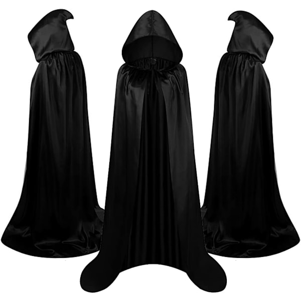 Lång svart kappa med huva medeltida vampyr häxa kostym damer halloween kostym karneval jul vuxen 170CM