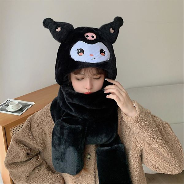 Kvinder Piger 3 I 1 Kawaii Kuromi Plys Hat Med Halstørklæde Handsker Vinter Udendørs Varme Gaver Black
