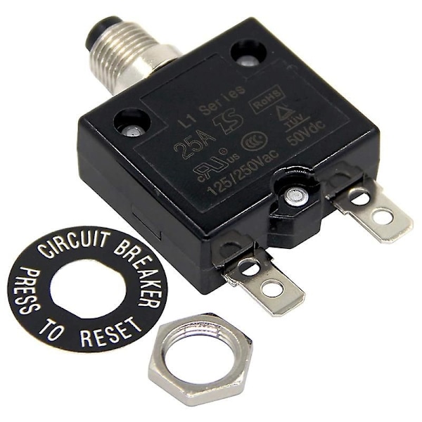 125-250V AC 50V DC Trykknap Strømafbryder 25A Termisk Overbelastningsbeskyttelse L1 Manuel Reset Termisk Strømafbryder Black