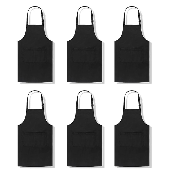 6Pack voksenforkle med 2 lommer Justerbart kunstforkle for matlaging Baking Maling Håndarbeid Grillaktivitet Black