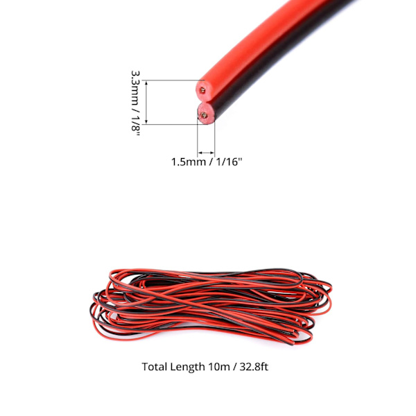 10 meter 22AWG elektrisk ledning, 2-leder sort rød ledningskabel, forlængerledning, til bil LED-stribe lys
