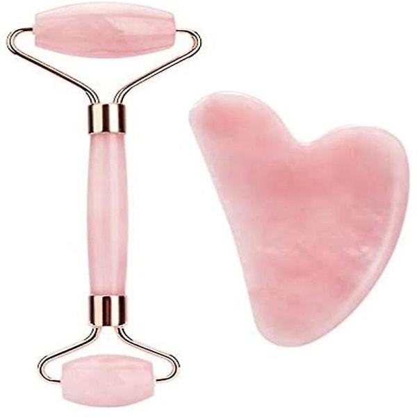 Rose Quartz Face Roller And Gua Sha Sett (rosekvarts) Rosa Quartz Gua Sha Massasje Krystallplate - Fingersett