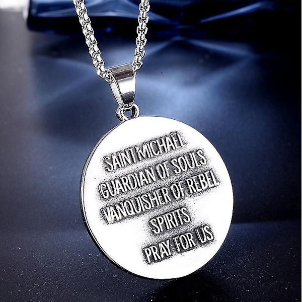 Archangel Sankt Michael Rund Medallion Vedhæng Mytisk Charm Mænds Amulet Halskæde Silver